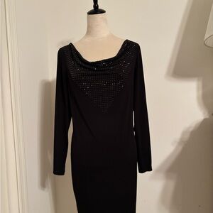Calvin Klein Black Long Sleeve Dress with Embellished Neckline